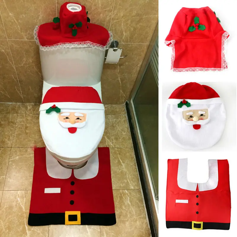 2015 Hot 1set Christmas Fancy Santa Toilet Seat Cover Rug Bathroom Set Contour Rug Natal Navidad