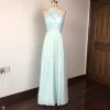 DE007 Mint Green Chiffon Lace Decorating Halter Floor Length Backless Sleeveless Sexy Evening Dress