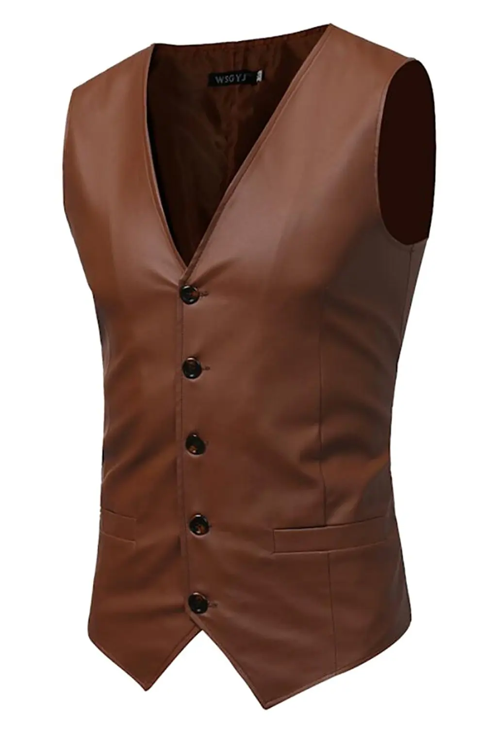 GenericMen Generic Men V-Neck Solid Color Single-Breasted PU Leather Vest