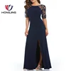 women wear Beaded short elbow sleeves Ruched jersey Front Slit Floor length Gown Round neckline back zipper closure casual dress