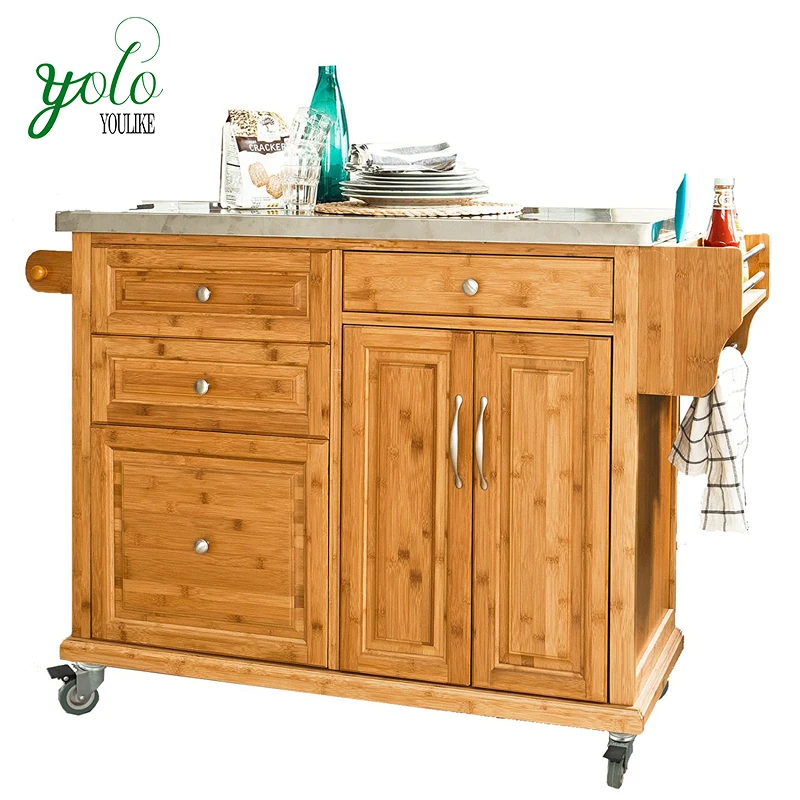 Storage Serving Bamboo Kitchen Trolley With Stainless Steel