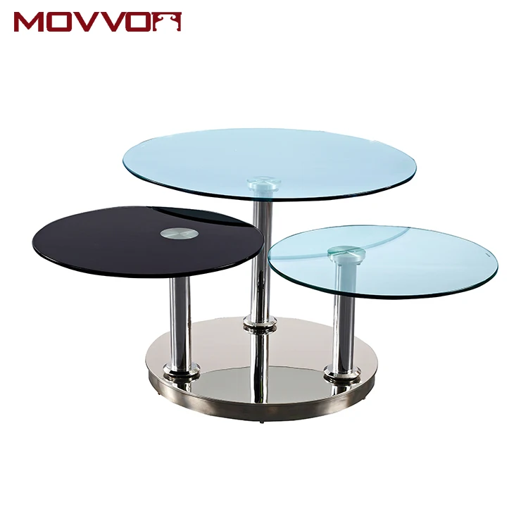 3 Levels Rotating 12mm Round Tempered Glass Swivel Round Chromed Silver