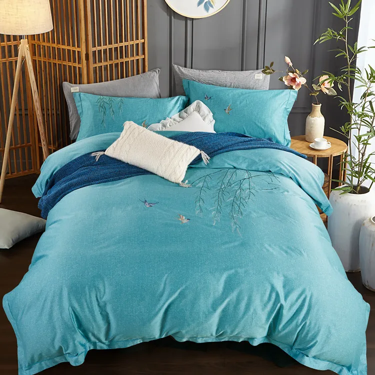 Yarn Dyed Blue Stripes Jersey Cotton Duvet Covers Set King Queen 4Pcs Bedding 