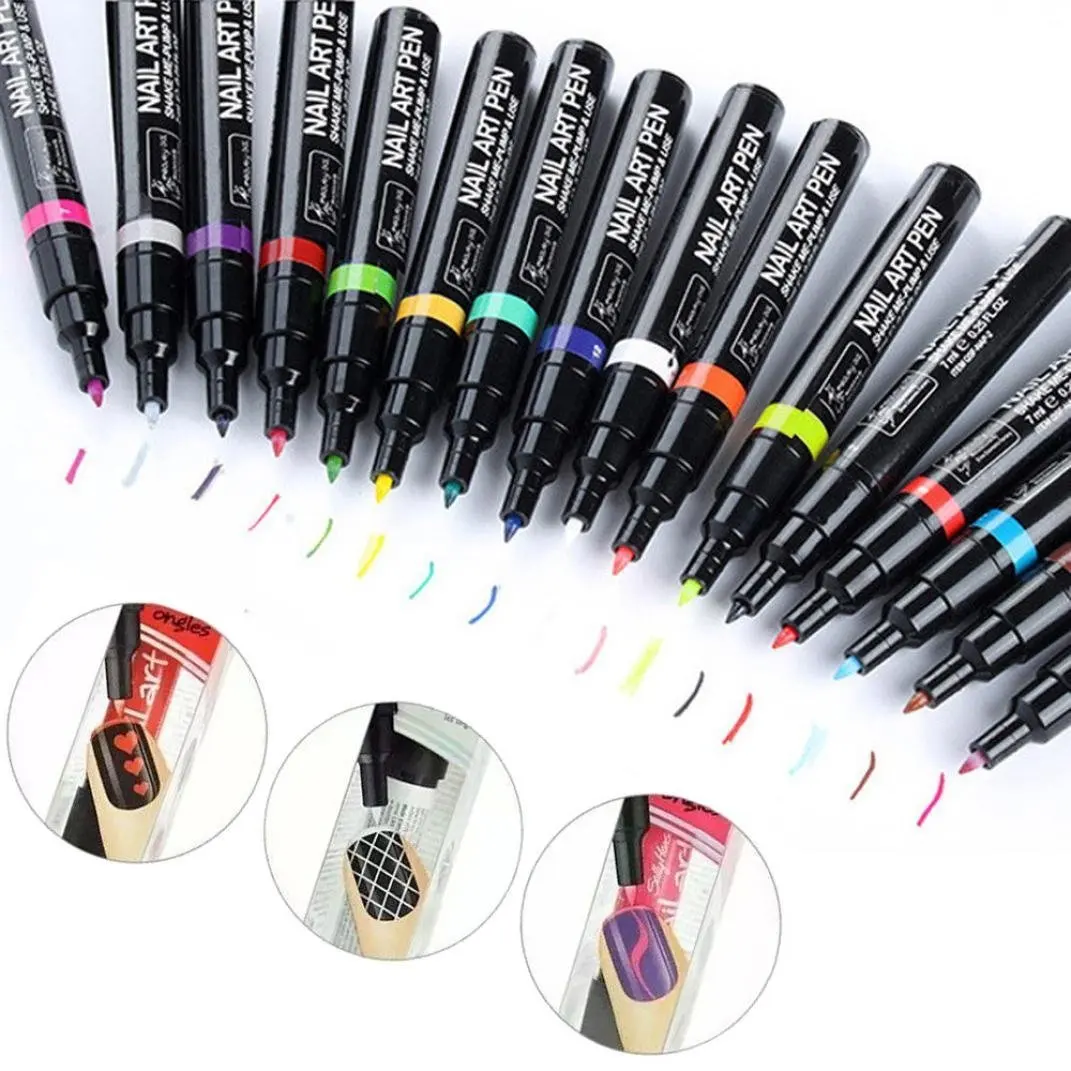 Fullkang 16 Colors Set Nail Art Pen for 3D Nail Art DIY Decoration Nail Polish Pen Set