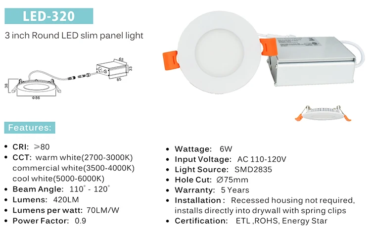 ETL 3" LED panel light with junction box