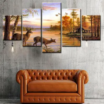 No Frame Modular Wall Paintings 5 Pieces Autumn Lake Animal Deer No Frame Modular Wall Paintings 5 Pieces Autumn Lake Animal Deer Modern Canvas Oil Painting For