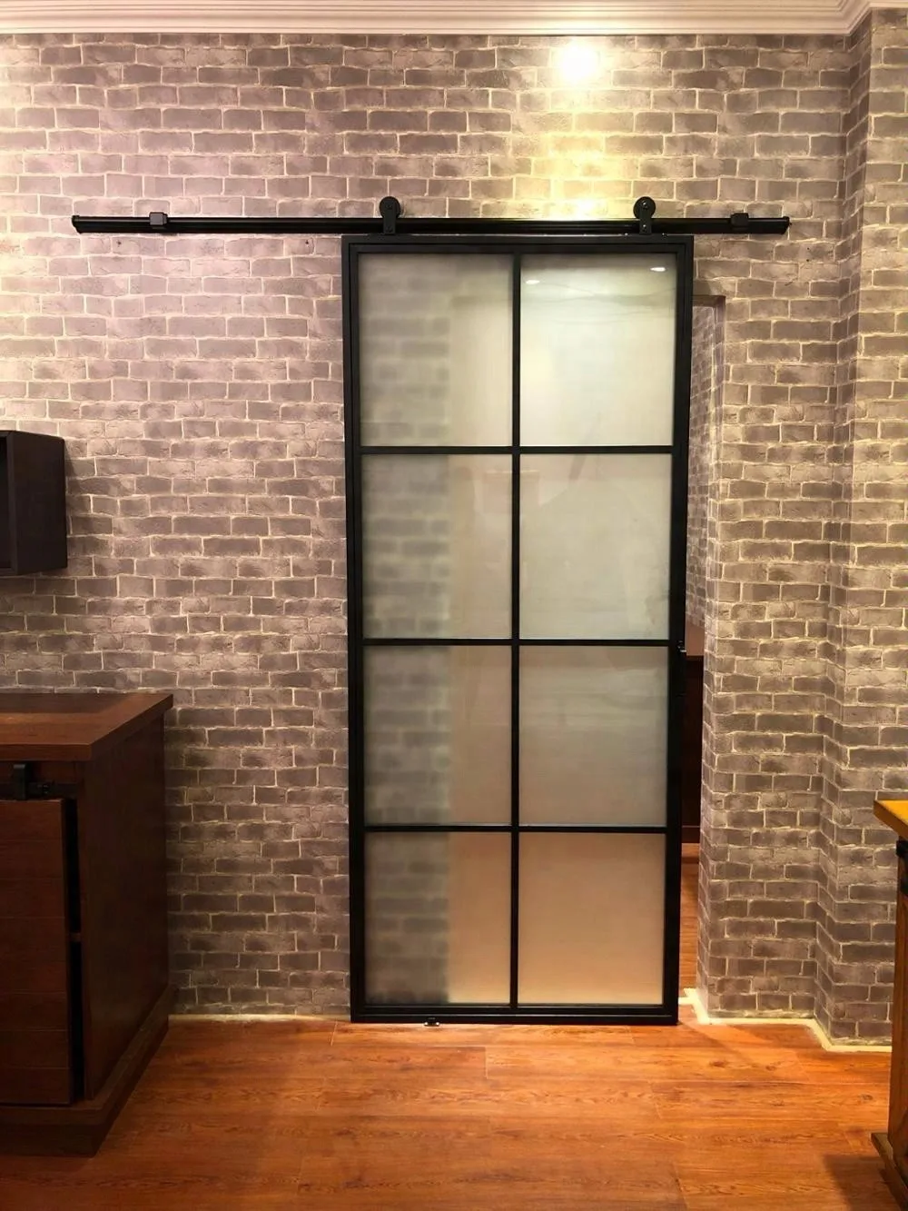 French Style Interior Frosted Black Steel Frame Barn Door With Carbon