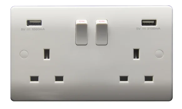 British Standard  White VN Range 13A 2 gang switched socket 1A+2.1A USB outlet neon single pole