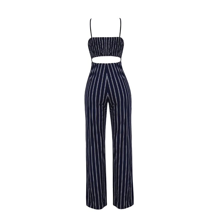 2019 Sexy Sleeveless Womens Jumpsuit Casual Wear Black Suit With White Stripes Ladies Summer Jumpsuit