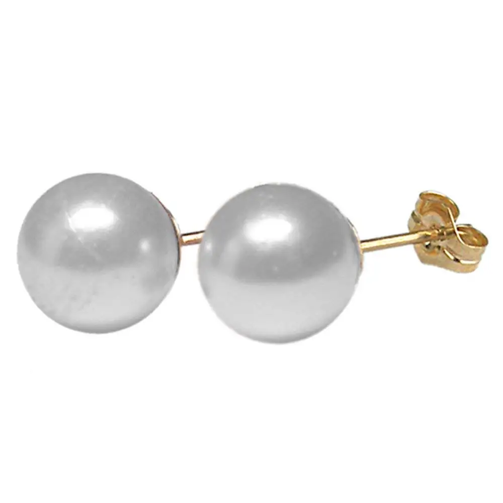8mm White Shell Pearl Gemstone Bead / Ball / Sphere 14k Yellow Gold Filled GF Ear Stud Earrings Pair