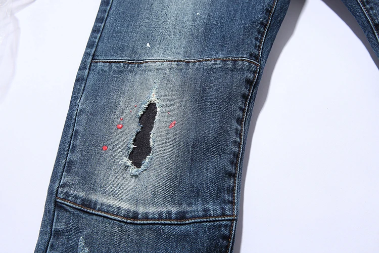 Mens Leg With Hole Straight Slim fit Biker Denim Jeans Trousers Skinny Pants