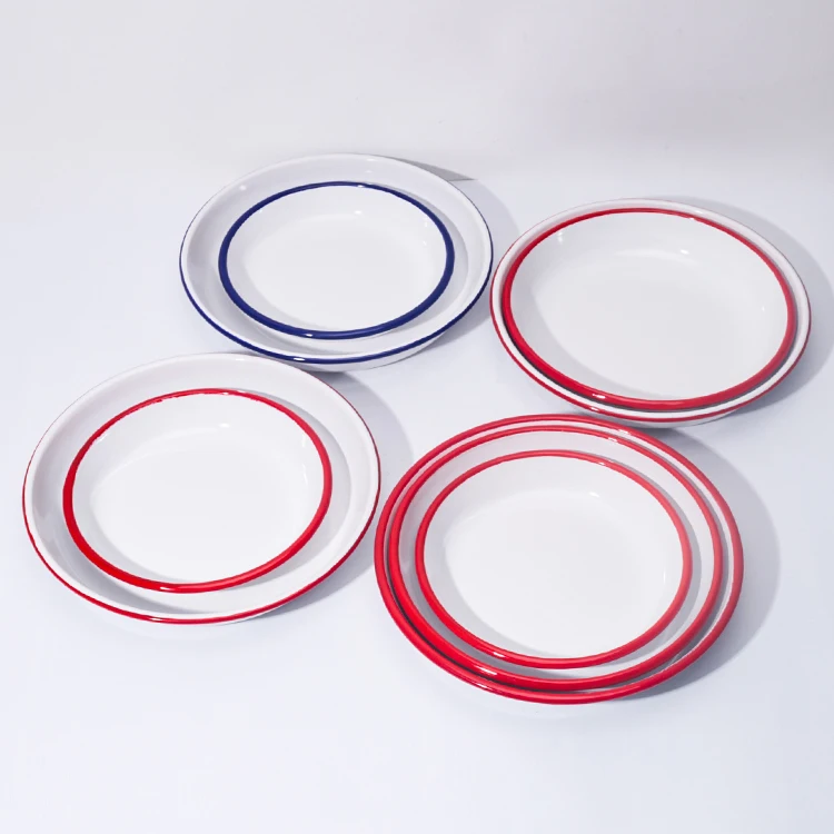 Antique Vintage White Enamel Metal Dinner Plates With Customized Rim