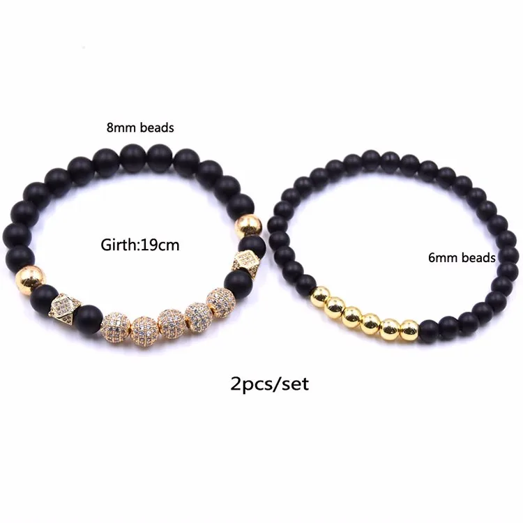 Black Matte Bracelet Set Men 8mm Natural Stone Beads Micro Inlay Zircon ...