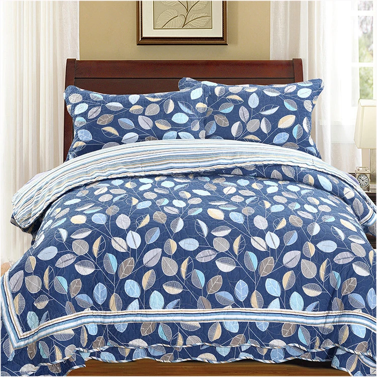 100 Percent Cotton Bedding Sets 4 Pieces Blue Leaves Style Printed