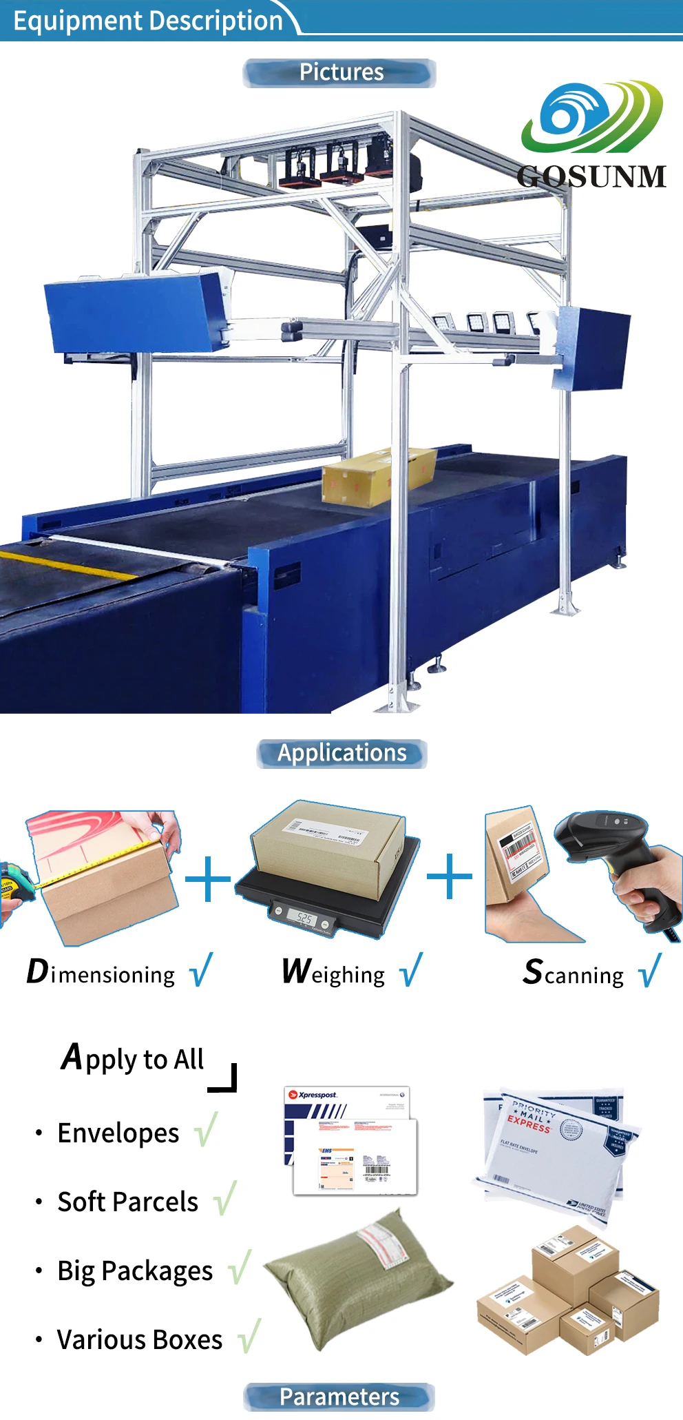 Five Sides Scanning Parcel Dimensioner Weighing Scanning Machine In