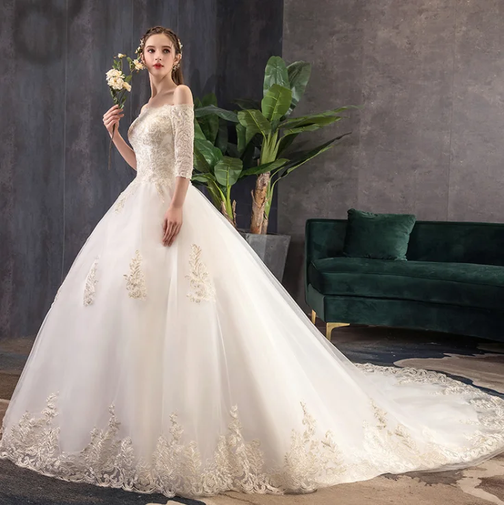 Promotion Lace Applique Cathedral Train Wedding Dress Bridal Gown