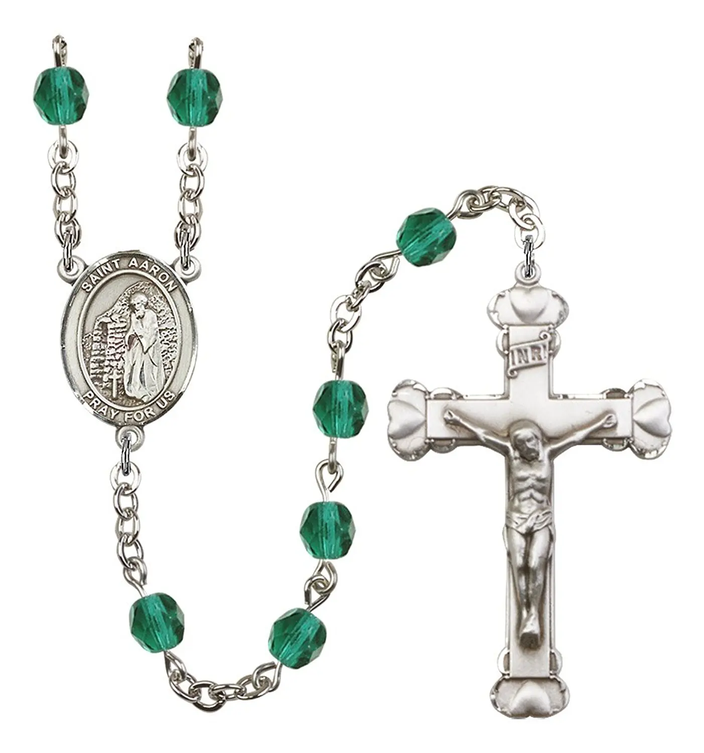 Silver Finish St. Aaron Rosary with 6mm Zircon Color Fire Polished Beads, St. Aaron Center, and 1 5/8 x 1 inch Crucifix, Gift Boxed