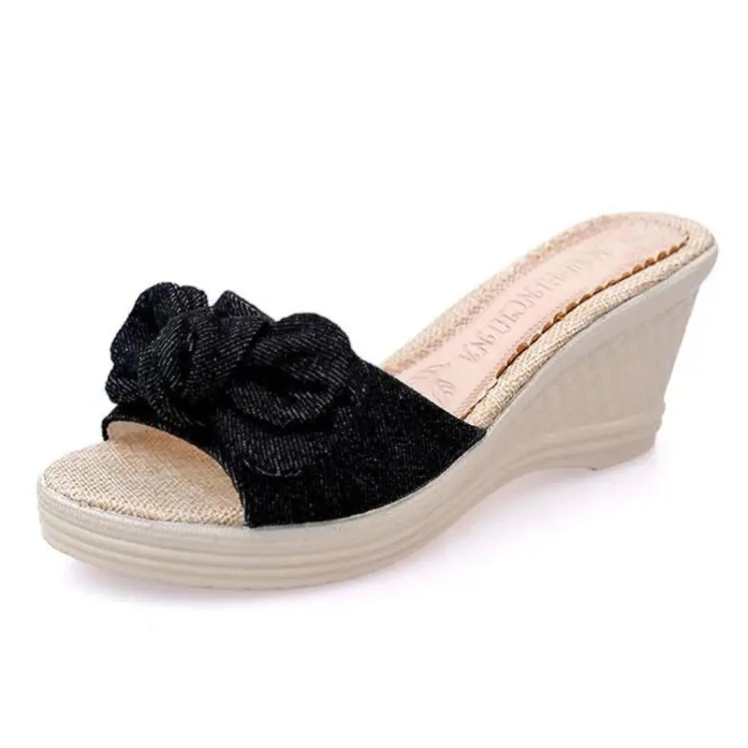 Sunbona Beach slippers Women ,Ladies Summer Bowknot Platform Waterproof Flip Flops Slippers Wedge Sandals Indoor&Outdoor Casual Shoes (US:5(RU/EU/CN34), Black)