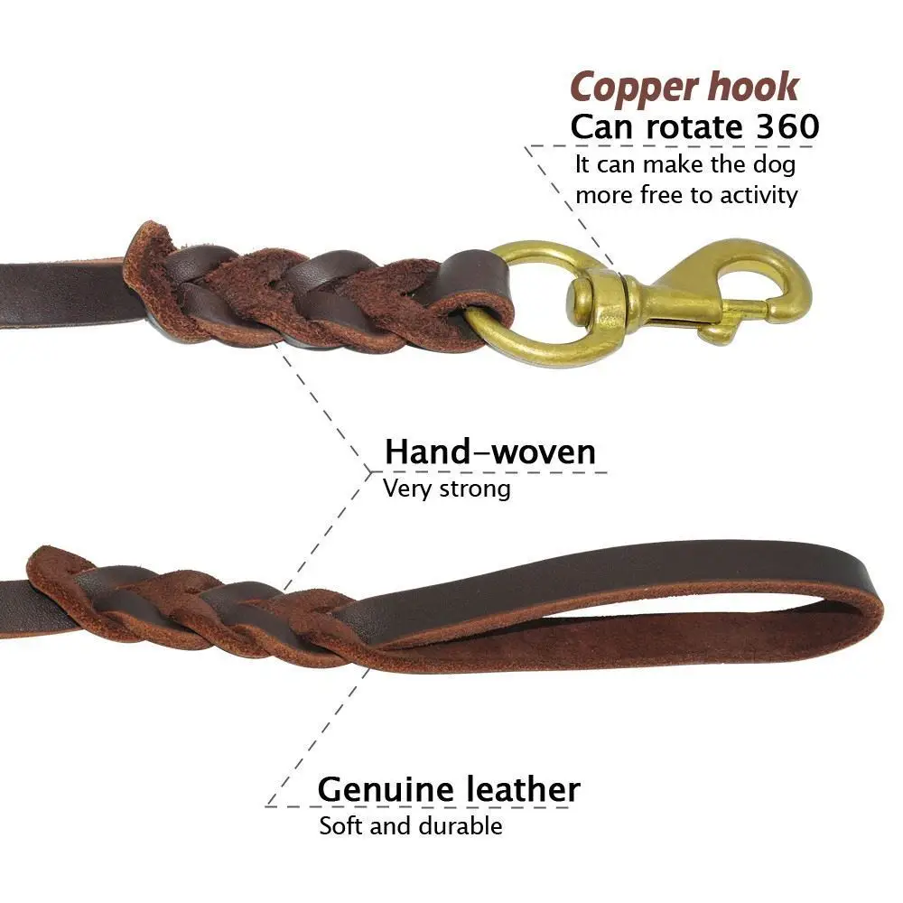 Braided Genuine Leather Heavy Duty Dog Leash With Gold Clasp K9 Pet Walking Training Leads Leashes