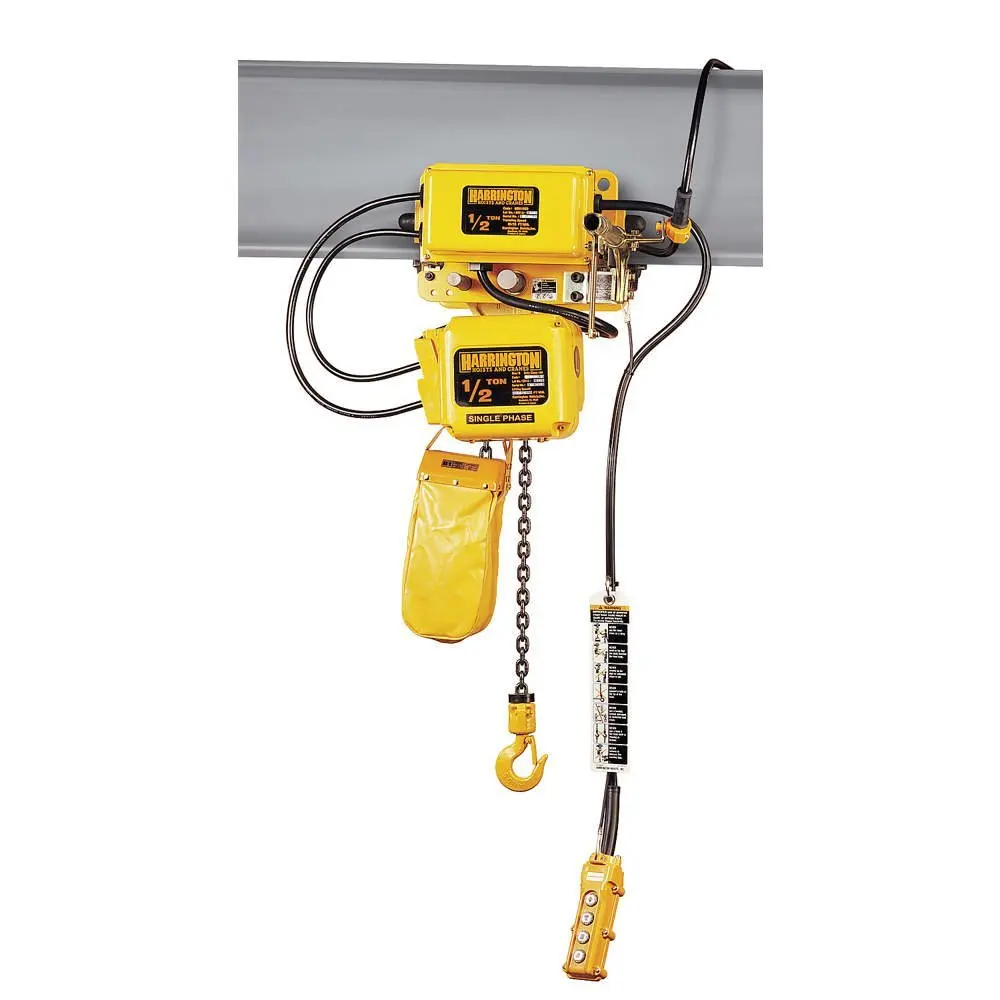 Harrington SNERM010L-L-10 Series SNER Single Phase Electrical Hook Mount Chain Hoist with Motorized Trolley, Single Low Speed, 40 fpm Low Traversing Speed, 1 Tons Capacity, 10' Lift