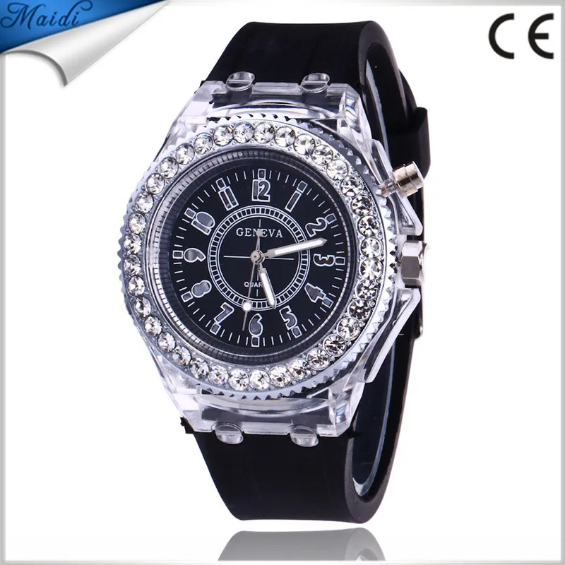 Geneva Diamond Women Crystal 7 Colors Led Light Watch Unisex Silicone Fashion Flash Up Backlight 