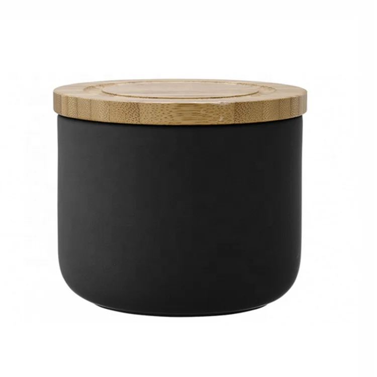 Matte Black Wholesale Empty Fine Goods Home Decor Ceramic Unique Candle Jars With Wooden Lids 4507