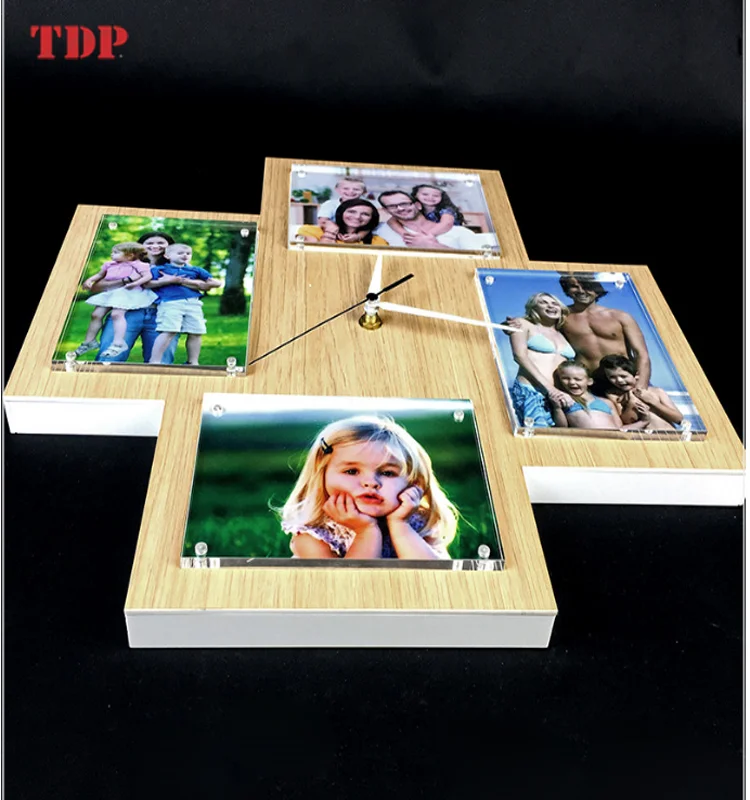 Customize Wood Surface Acrylic Led Wall Clocks With Multi Photo Frame