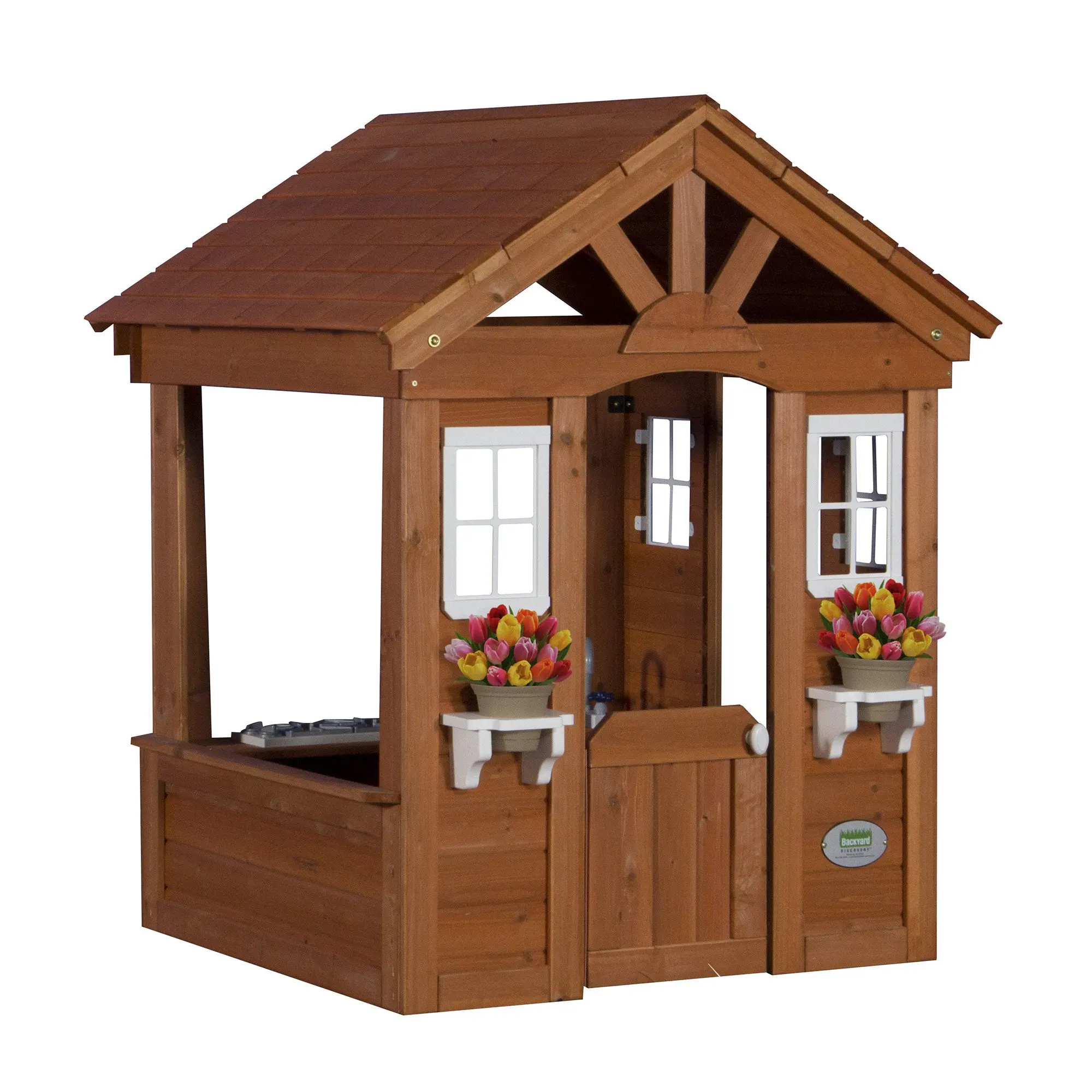 wooden playhouse with kitchen