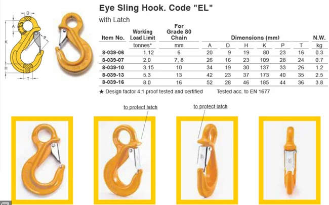 G80 Alloy Chain Fittings 1Ton Load All Material Handling Eye Foundry Hook 