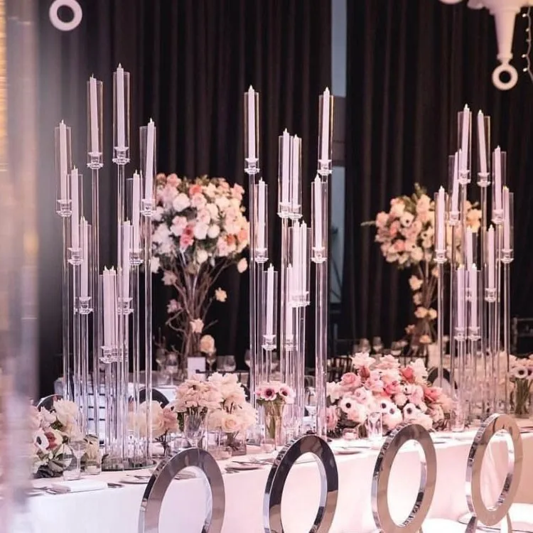 Wholesale Glass Tube Candle Holder 10 Arms Round Base Cheap Crystal Candelabra Wedding Tall 8565