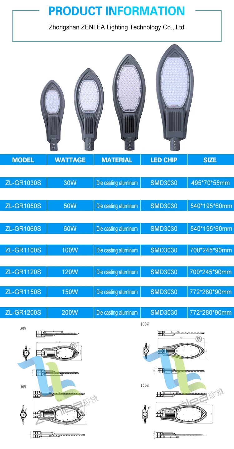 High quality 30w 50w 60w 100w 120w 150w outdoor IP65 waterproof bridgelux smd led street light price