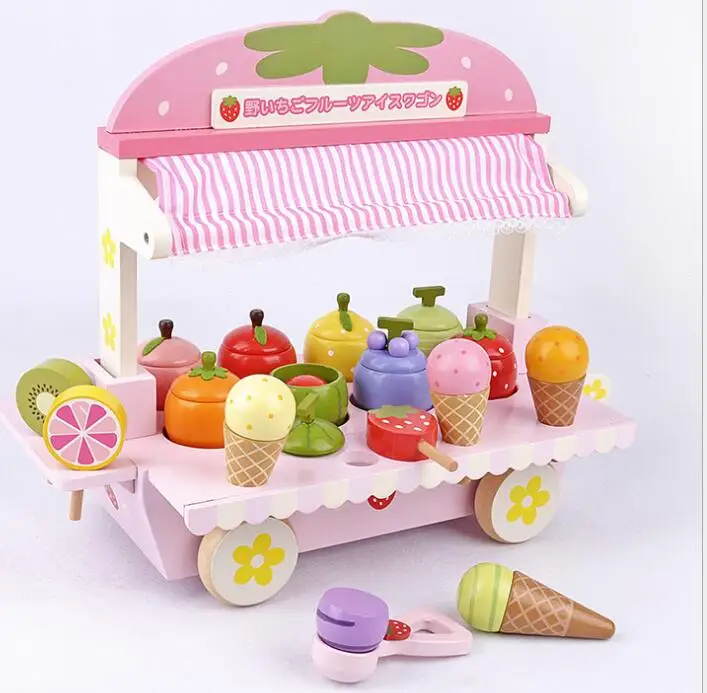 New Design Baby Ice Cream Cart Toy Wooden Kitchen Simulation Strawberry