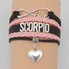 wholesale pink Braided cord Zodiac Horoscope Scorpio Libra virgo letter heart Pendant Leather Bracelet jewelry for women