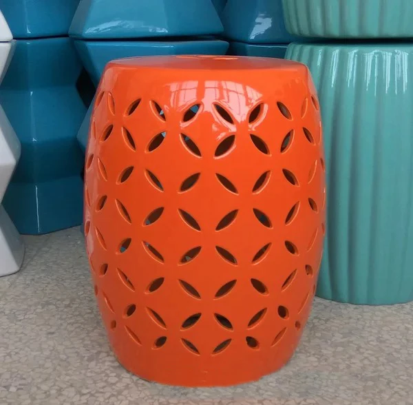 Bright Orange Colored Ceramic Stool Ottoman With Hand Carved Craft ...