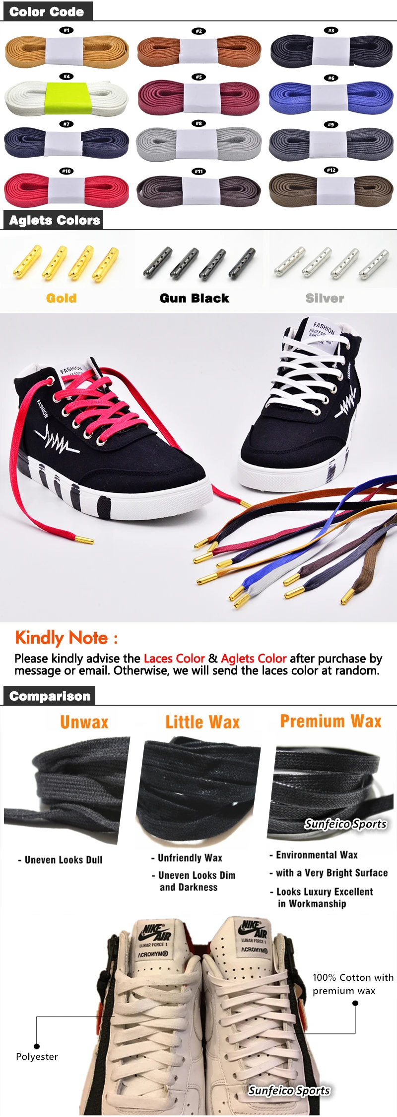 Flat Waxed Shoe Laces With Metal Tips 