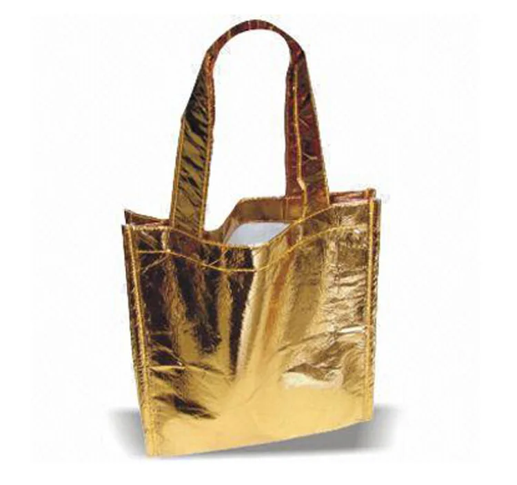 Customized Logo Retail Online Golden Metallic Laser Non Woven Shopping