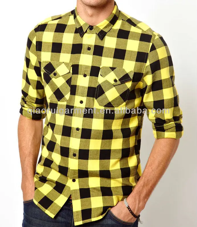 Mens Yellow Two Pockets Flannel Check Casual Shirt Buy Men