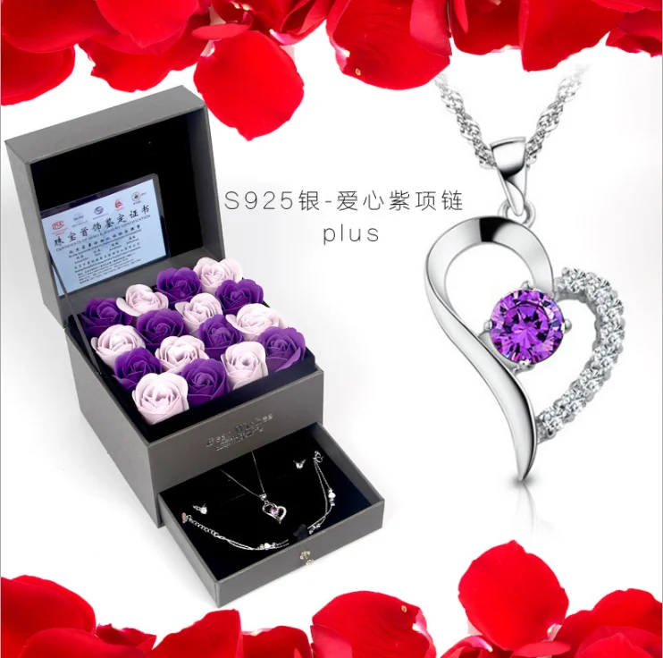 Purple Diamond Heart Shape Silver Necklace With Soap Rose Flower Gift Box Valentines Gift For Her Buy Purple Diamond Heart Shape Silver Necklace Soap Rose Flower Gift Box Rose Flower Valentines Gift For