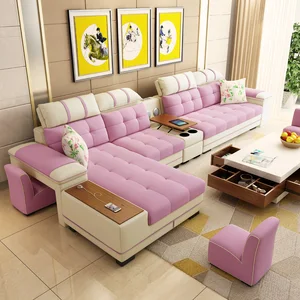 Modern Pink Sectional Sofa 3 Seater Corner With Pillows Linen Fabric L Shape Couch Extra Wide Chaise Lounge