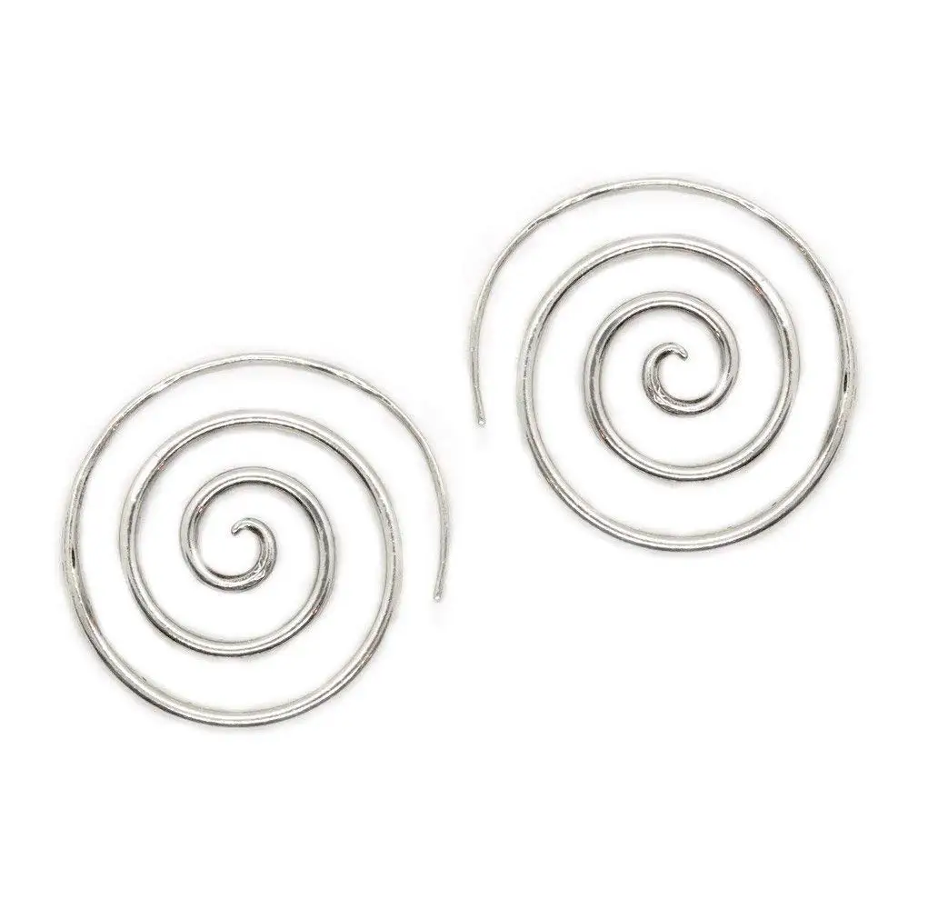 Sterling Silver Large Statement Crescent Moon Boho Handmade Hoop Woman Earrings with Spirals Ethnic Engraving