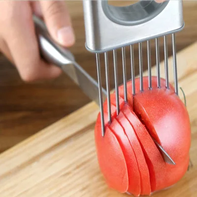 Easy Onion Holder Slicer Fruit Vegetable Tools Tomato Cutter Stainless Steel Meat Tenderizer Kitchen Gadgets Cooking Tool Design