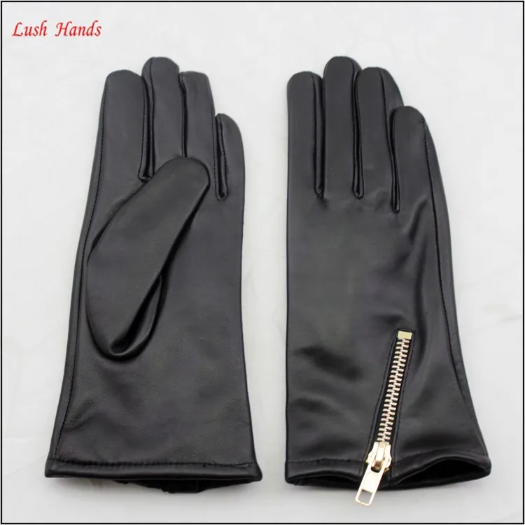 2016 hotsale sheepskin genuine leather hand gloves black with zipper women