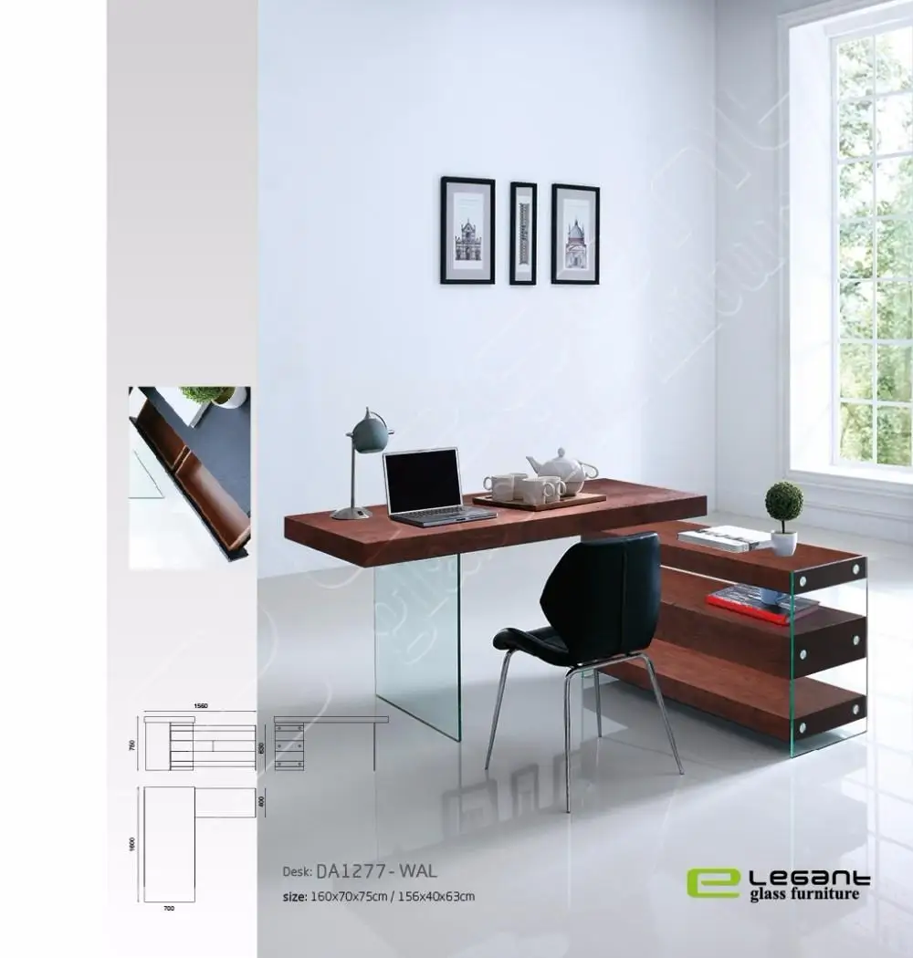 Modern Bent Glass Office Desk With Walnut Wood Veneer Drawer Buy