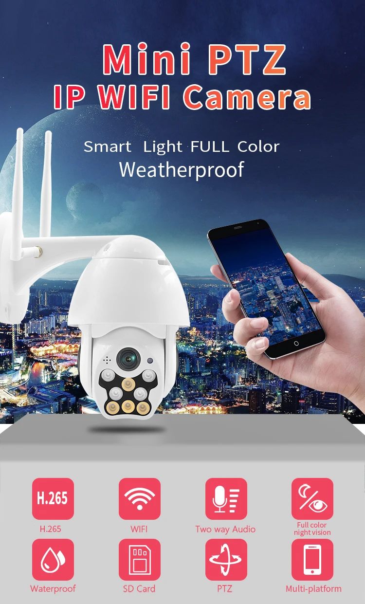 HAOCAM V380 H.265 1080P 2MP 3.6mm Waterproof Full color Onvif MINI Wifi IP Dome PTZ Network IP Camera