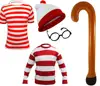Red White Where's Wally Striped Outfit Party Accessory Set T Shirt Jumper Walking Stick Glasses Book QCG-2004