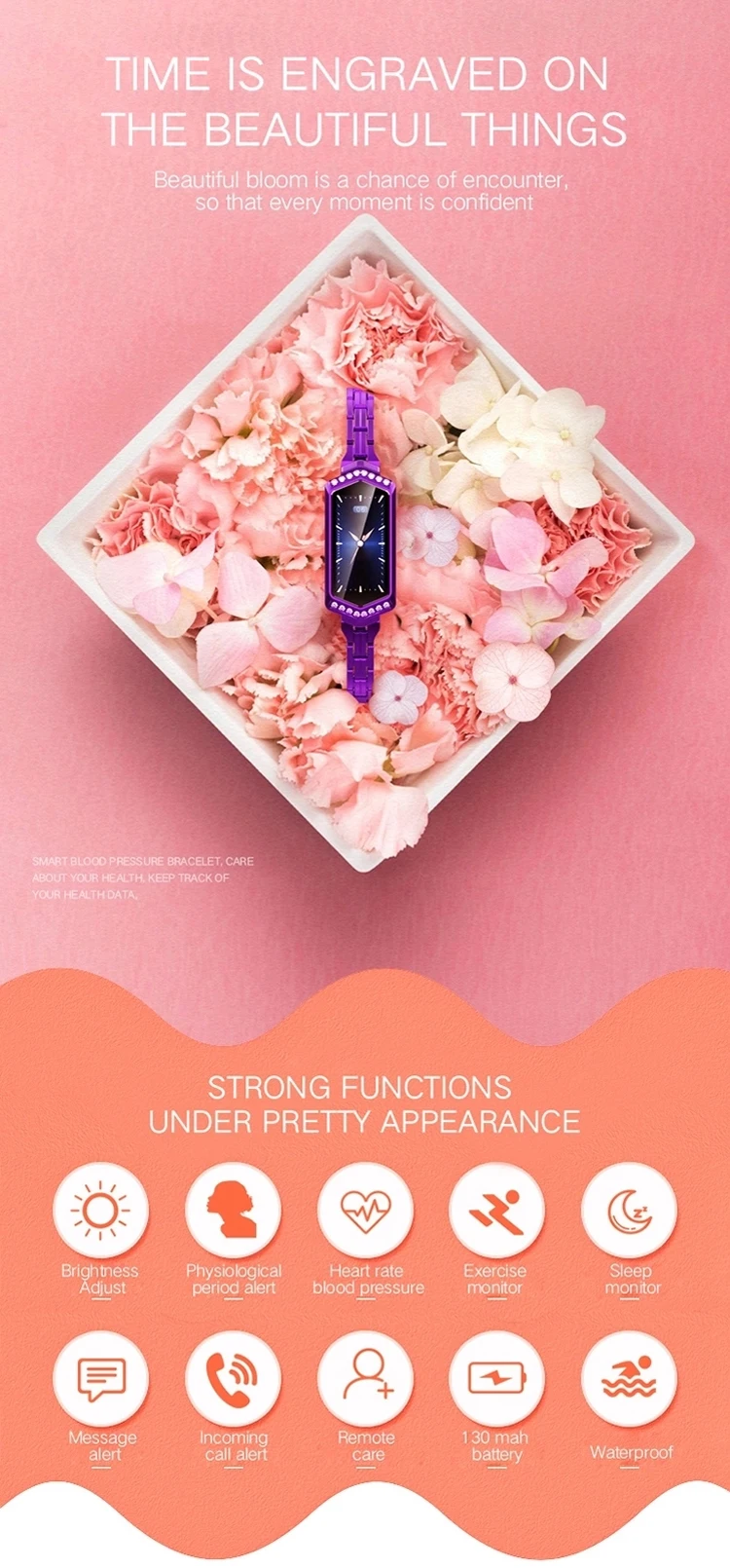 2019 women watch band heart rate monitor deep waterproof ip67 sport ladies smart bracelet B78