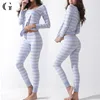 Sexy Women's Close-Fiting Knitted Striped Rayon Spandex Pajamas Sleepwear