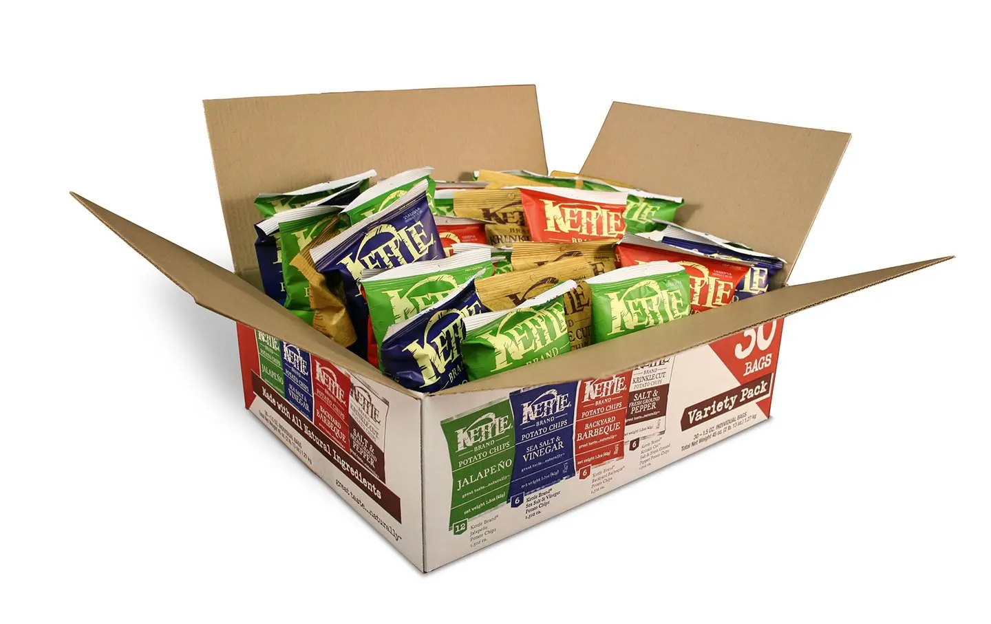 Kettle Brand Potato Chips Variety Pack, Sea Salt & Vinegar, Krinkle Salt & Pepper, Backyard BBQ and Jalapeno, 30 Count