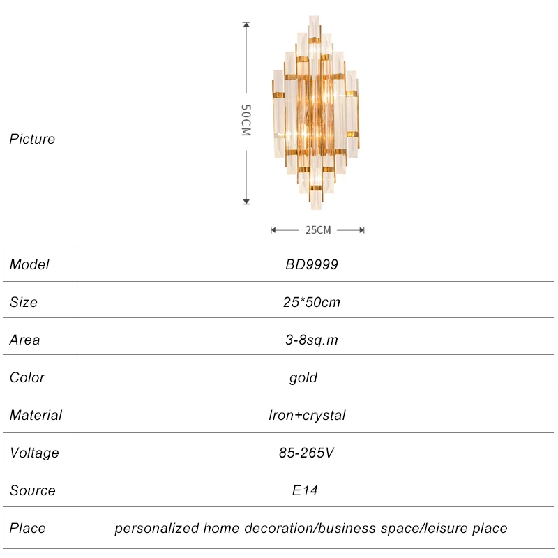 new designed modern Creative K9 crystal golden color electronic wall lamp