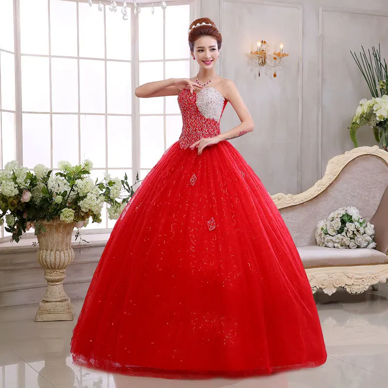blanco y rojo vestido de novia/breve rojo sin tirantes puffy vestido